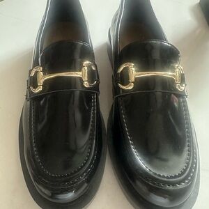 H&M Black Patent Loafers with Gold Hardware